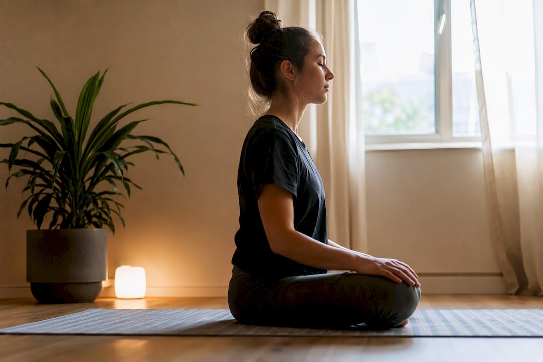 Person, der øver mindful vejrtrækning derhjemme